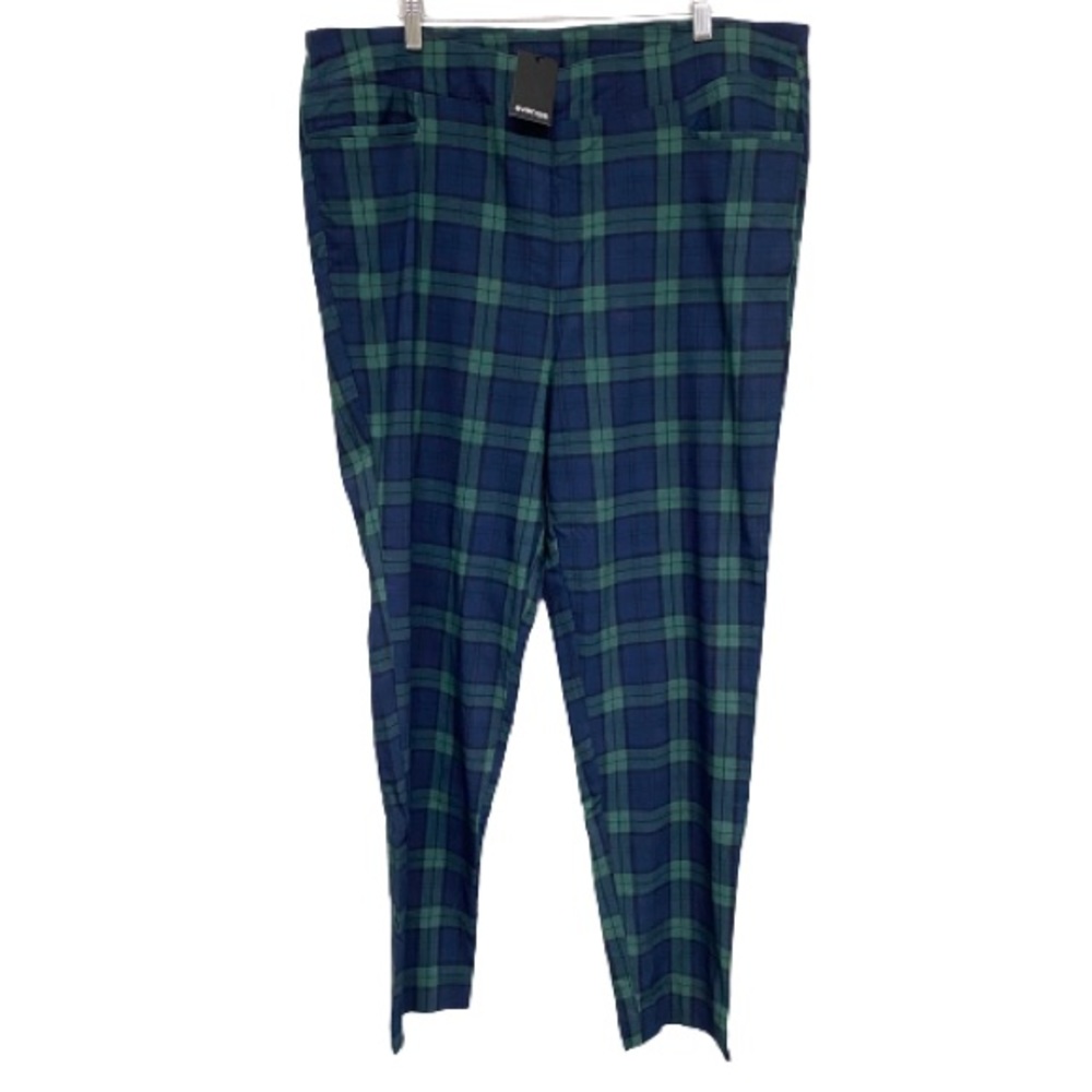 Avenue Women's Navy Plaid Straight Leg Flat Front Pull On Pants Size 22/24 NWT